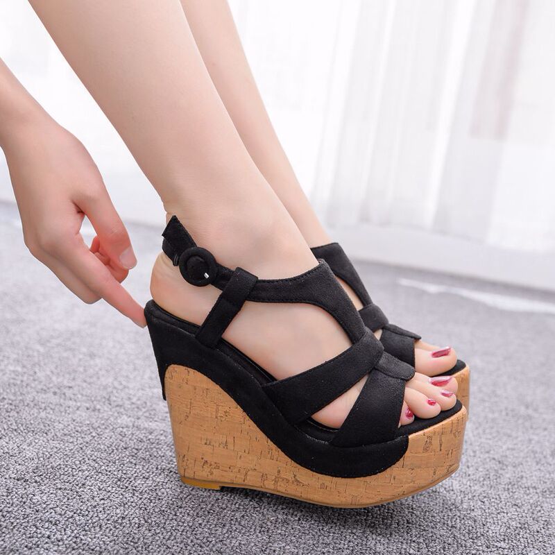 12cm Wooden Heel Fishmouth Sandals Foreign Trade Large Size Wedge Heel Water Platform Hollow Sandals Women's Quality Sandals