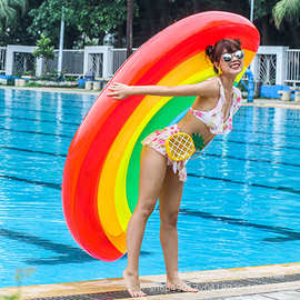 厂家直销新款彩虹充气浮排游泳圈加厚成人儿童泳池玩具水上气垫床