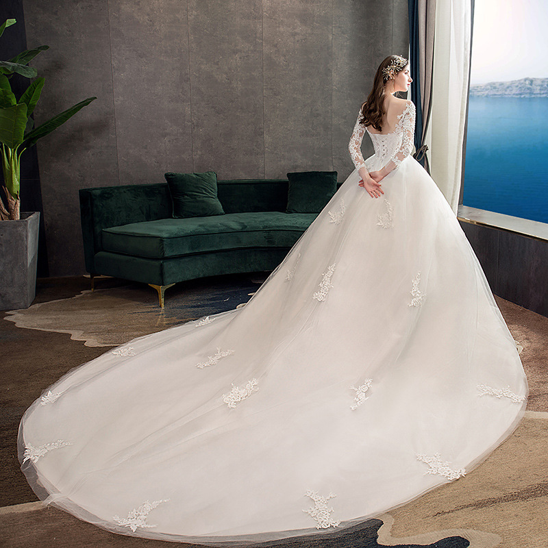 Vestido de Novia Principal 2025, Nuevo, de Encaje, Lujoso, de Manga Larga, de Ensueño, Talla Grande, con Cola Larga, Estilo Estudio, Ligero, Modelo TD35