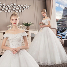一字肩外贸婚纱2025新款新娘显瘦蕾丝大码结婚婚纱一件代发秋F43