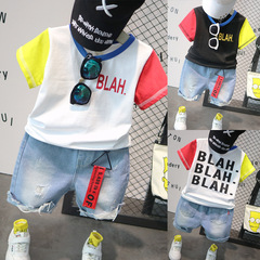 男童短袖t恤夏季棉2023新品中小童拼接袖上衣13075牛仔短褲套裝