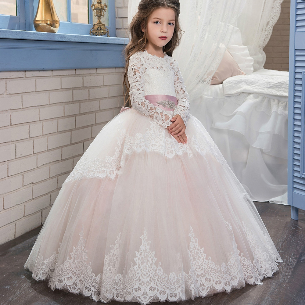 Comercio exterior transfronterizo nuevo encaje doble manga larga invierno bola flor chica pettiskirt vestido de novia entrega de una sola pieza