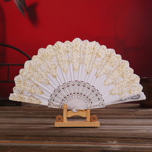 Retro Fan White Plastic Fan Chinese Style Gold Powder Fan Wing Chun Dance Folding Fan Craft Folding Fan Foreign Trade Fan
