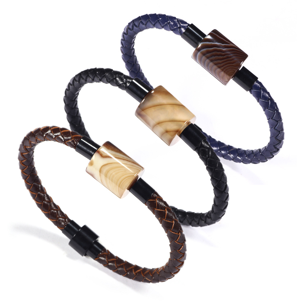 欧美Temu亚马逊热卖DIY玛瑙手链多色牛皮磁扣手镯男士个性聚会