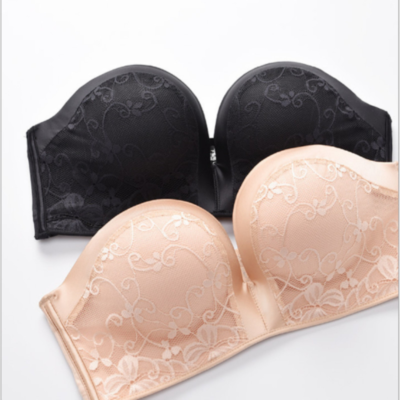Upper thin lower thick small chest strapless non-slip invisible bra gathered rimless lace wedding underwear factory direct sales