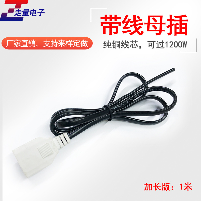监控带线两脚母插头 1200W6A母插头带线一体防雨型母插头加长1米