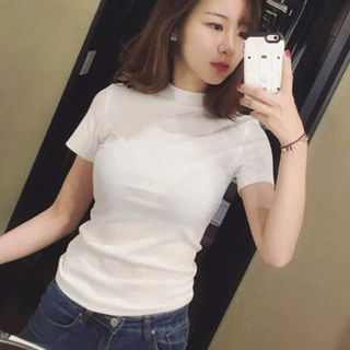 2023夏季韩版t恤女修身半高领短袖简约打底衫女纯色工厂直销