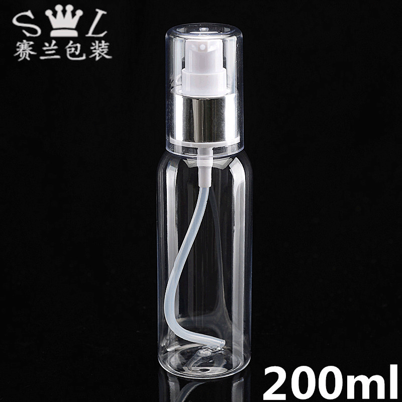 工厂批发PET 200ml透明塑料瓶圆肩配氧化铝圈按压乳液替换空瓶