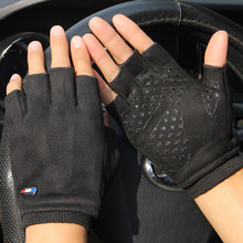 冬季保暖半指手套男士女士加绒加厚麂皮绒露指户外开车骑车手套