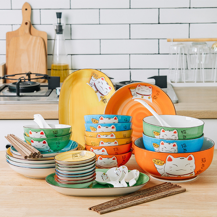 Cartoon creative ceramic tableware Japanese hand-painted 2 people 4 people 8 people with plates porcelain bowl suit factory outlet