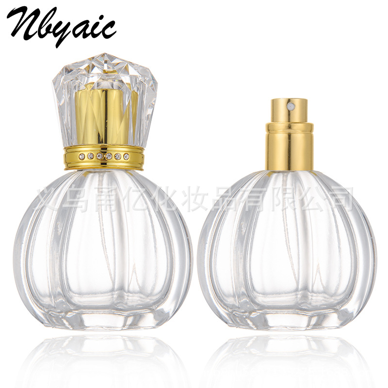 En stock B005-50ml cubierta de cristal transparente de diamante alto grado botella de perfume de calabaza botella de spray vacía de vidrio