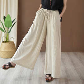 2026夏季棉麻女装新款文艺复古砂洗女式瑜伽裤亚麻系绳休闲阔腿裤