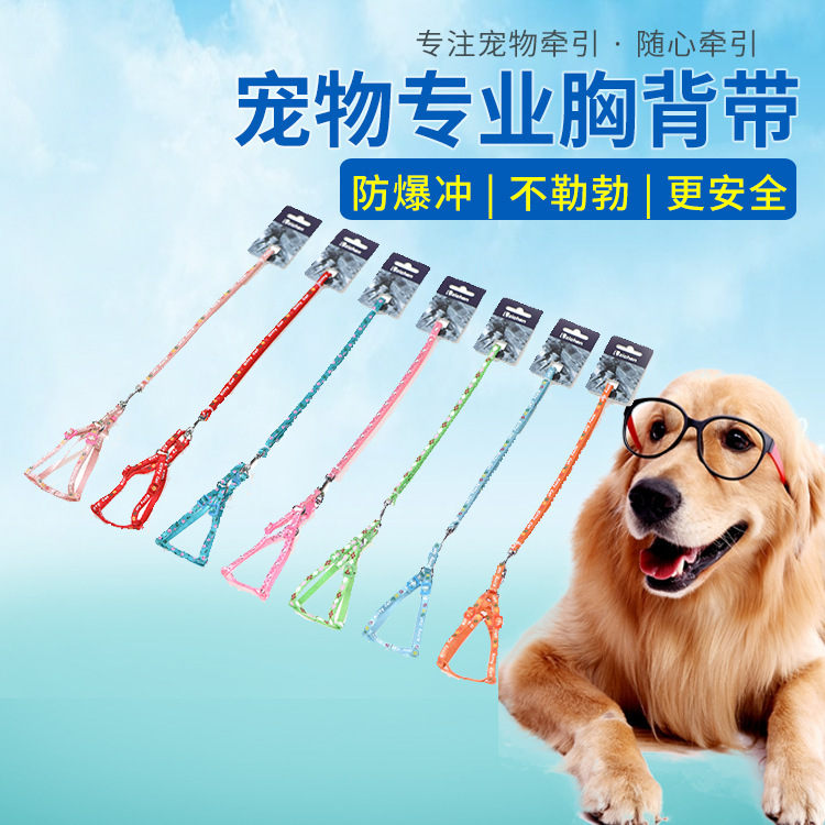 Zichen spot 0.8cm printed pull chest chest back pet leash colorful printed imitation nylon dog leash can be set