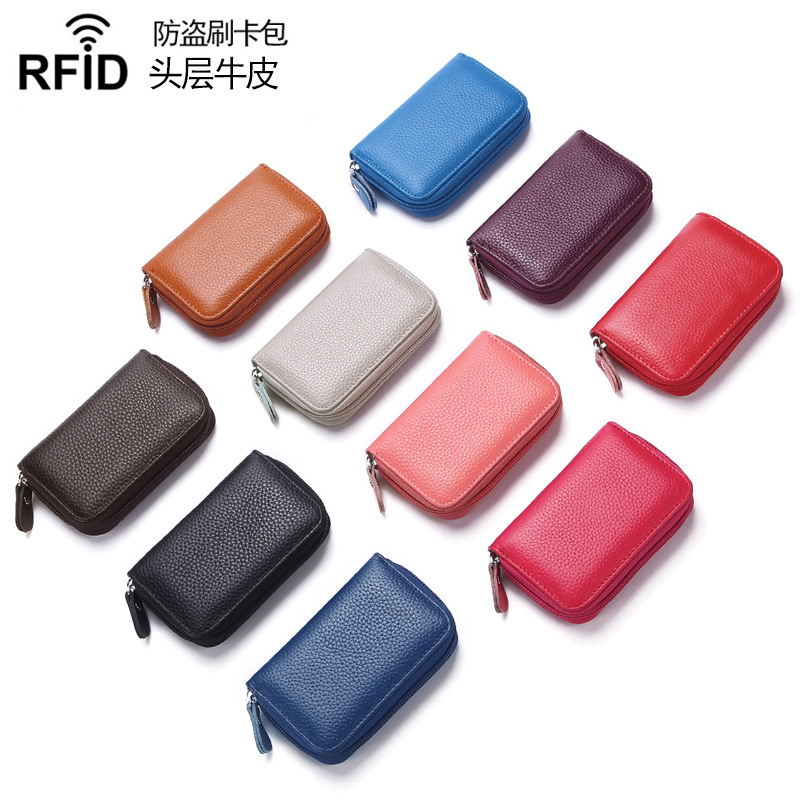 2024 Tao Bao primera capa titular de la tarjeta de piel de vaca cepillo antirrobo RFID órgano titular de la tarjeta monedero de los hombres tarjeta de crédito de vaca real