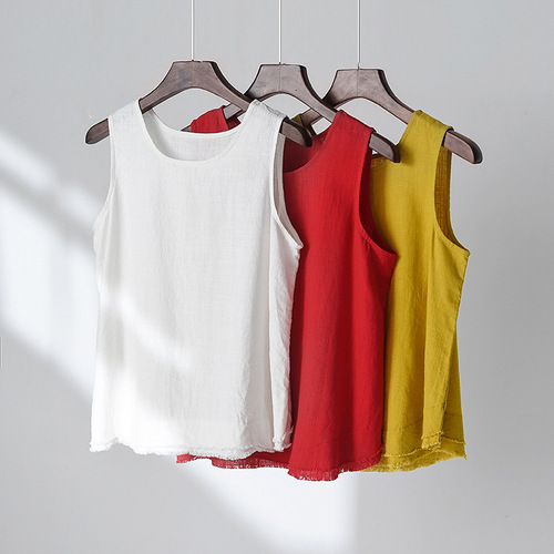 2024 spring and summer new cotton and linen women's clothing, artistic retro linen raw edge suspender tops, women's bottoming vests