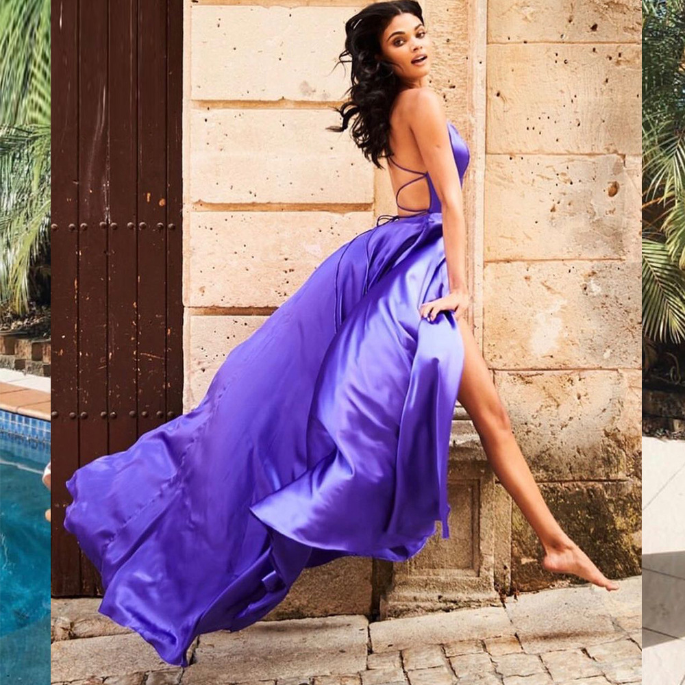 2020 Summer New European and American Foreign Trade Women's Cross-border New Sexy Sling Strap Split Backless Ball Evening Dress New