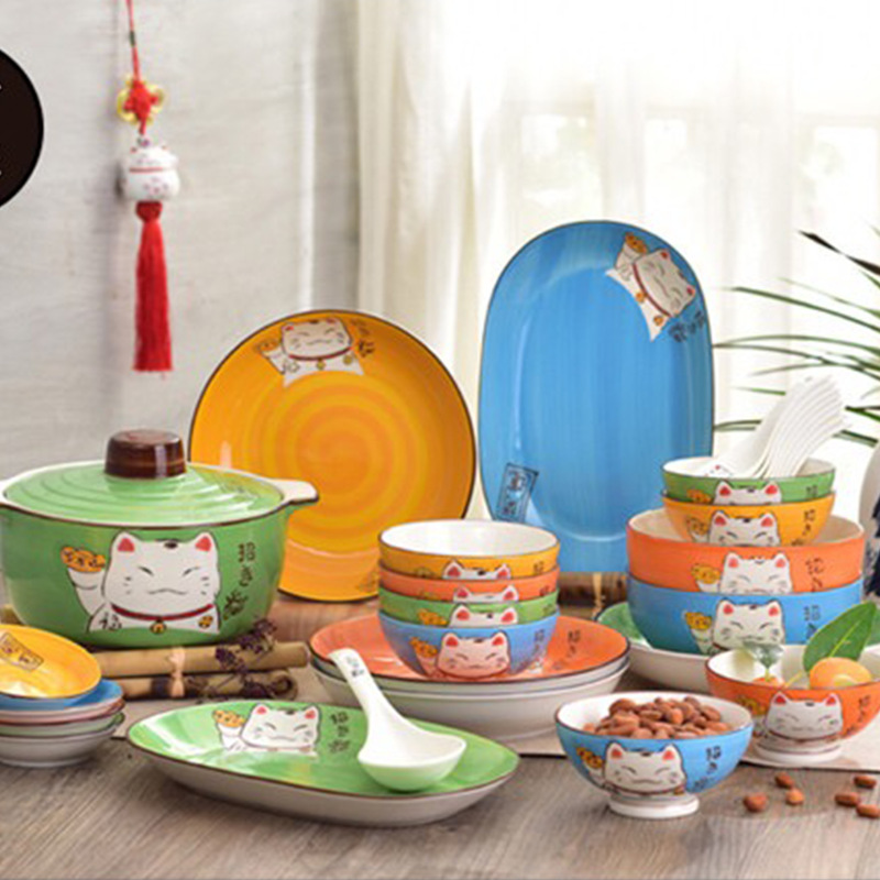 Cartoon Lucky Cat Household Ceramic Bowls and Plates Japanese Hand-Painted Underglaze Color Tableware Set Factory Direct Sales Wholesale