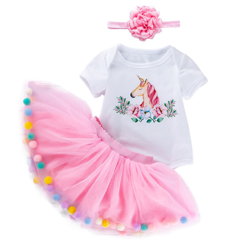 Summer baby clothes wholesale baby girl printed unicorn short-sleeved harem pink rainbow mesh skirt suit