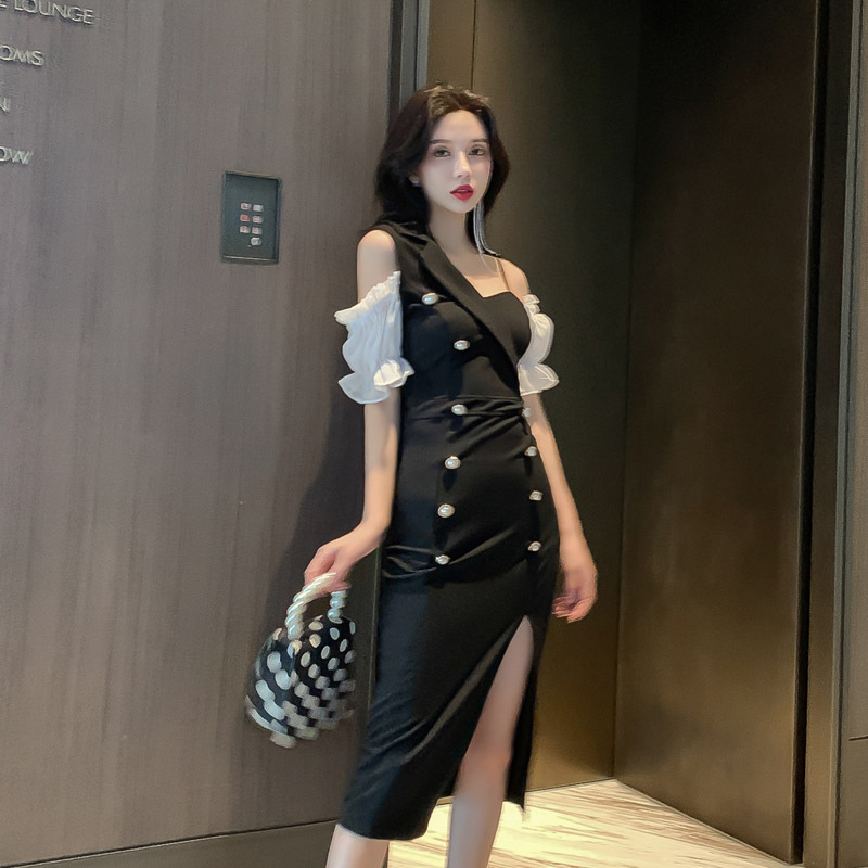 Đầm ôm body nữ kiểu Hepburn xẻ tà — Màu đen