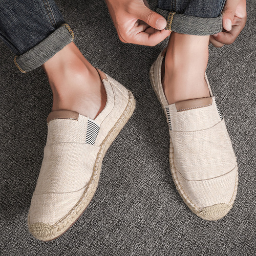 Cross-border large size new men's shoes casual lazy shoes handmade grass-woven canvas breathable hemp sole linen fisherman's canvas shoes