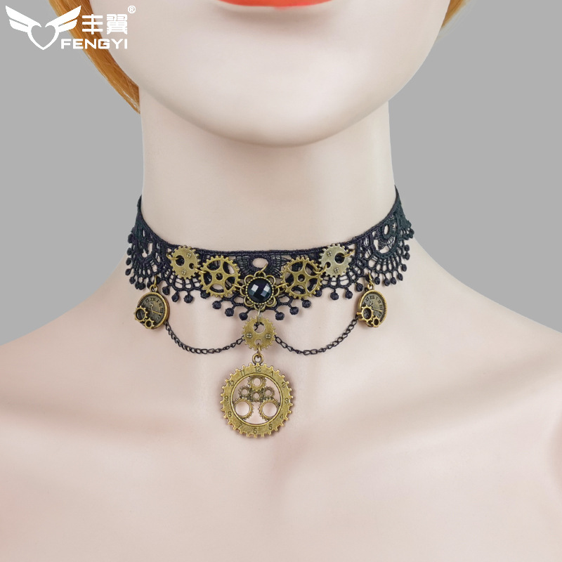 New European and American retro steam engine necklace decorative gear women's lace fashion foreign trade party clavicle chain Y535