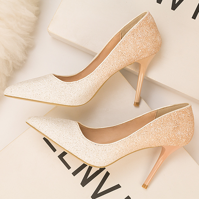 6289-18 European and American Style Women's Shoes, High Heels, Shallow Mouth, Pointed Toes, Gradient Sequins, Sexy Slimming Look Nightclub High Heels, Flats