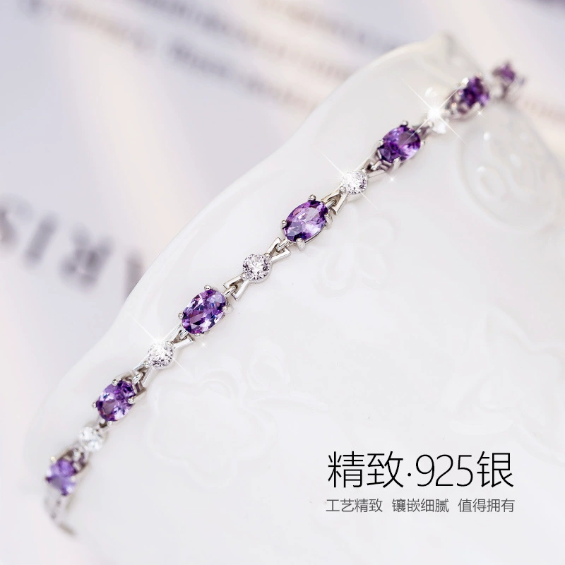 Серебряное браслет (бренд) SL005, аметист / синтетический кристалл, корейский минимализм, подарок на день рождения