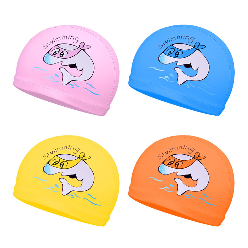 Gorro de natación a prueba de agua para niños y niñas para niños lindo pelo largo pu recubierto de tela gorro de natación al por mayor