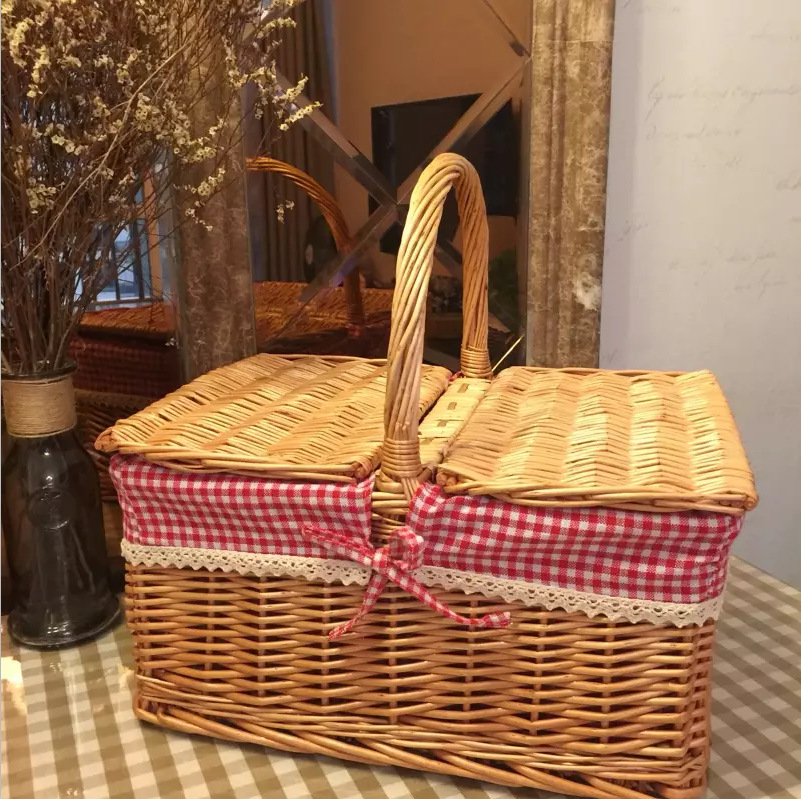 Cesta de mimbre portátil con tapa grande de compras picking cesta de almacenamiento de ratán portátil cesta de picnic al aire libre