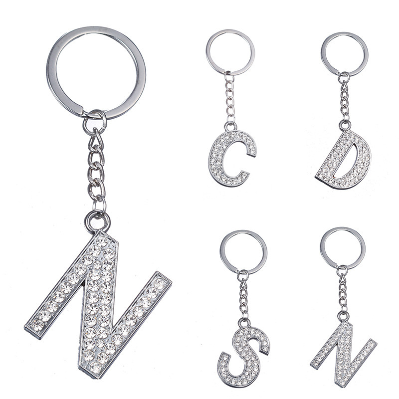Cross-border hot sale 26 English letters keychain metal rhinestone keychain creative personality small accessories wholesale