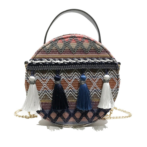Ins super popular small round bag for women, new summer trendy and versatile ethnic style tassel woven crossbody bag