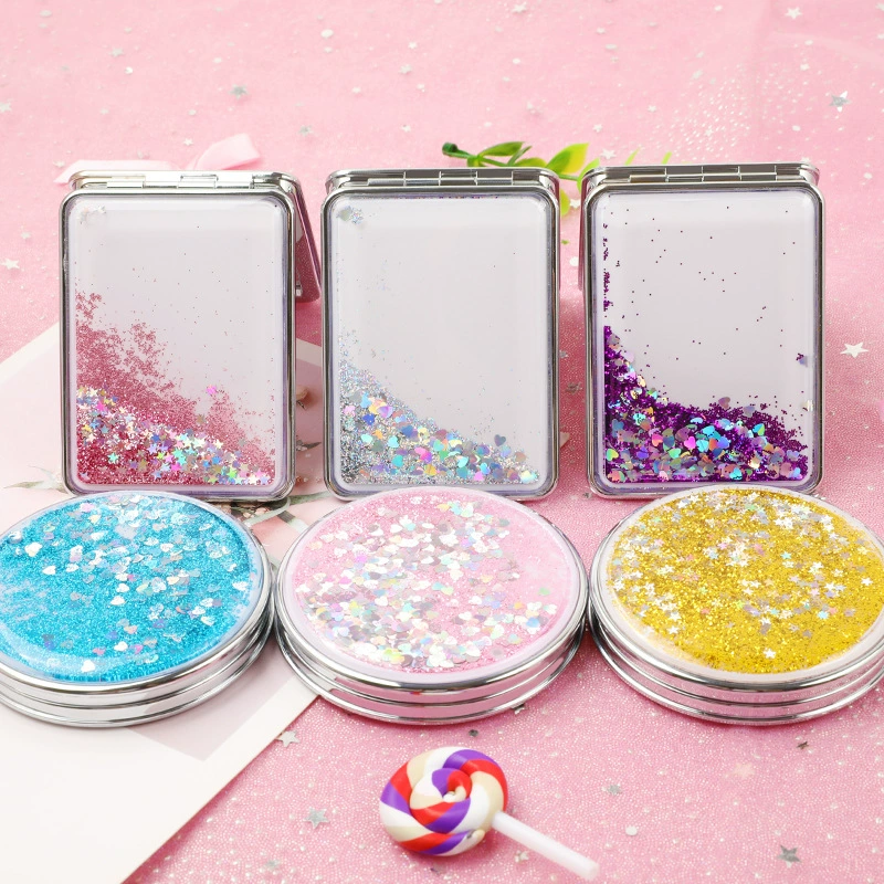 Handheld Double-Sided Mirror, Cute Cartoon, Glitter Flow Sand, Round & Square, Giftable