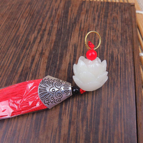 Bodhi-like white jade lotus metal fish mouth tassel pendants for three lives and three worlds fan earring tassel bag hanger pendants