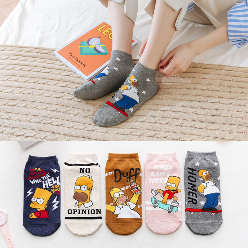 Socks Women's Spring and Summer New Cotton Socks Cartoon Straight Trendy Socks Fashionable Simpson Socks Low Top Boat Socks