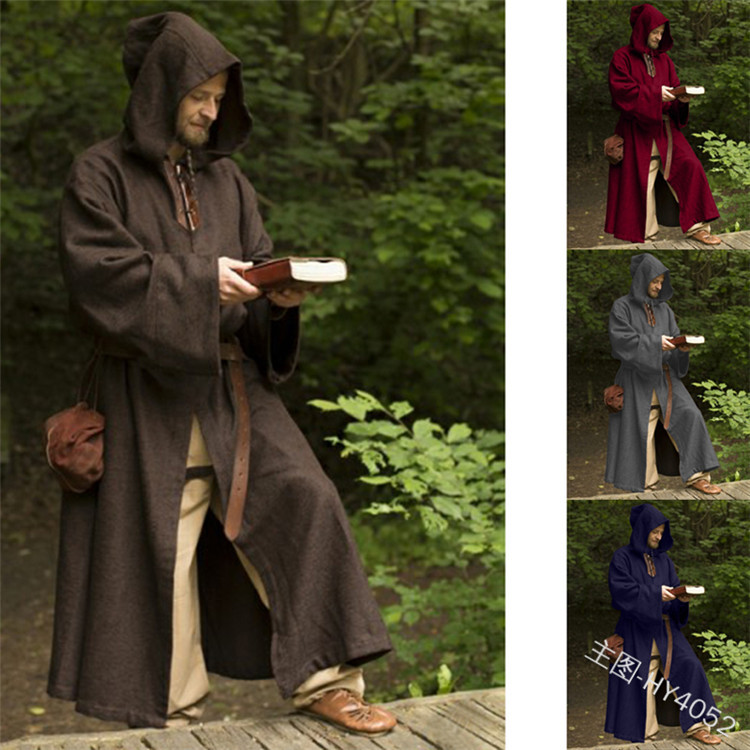 European and American cross-border spring new medieval retro hooded long-sleeved robe solid color loose stage performance costume for men