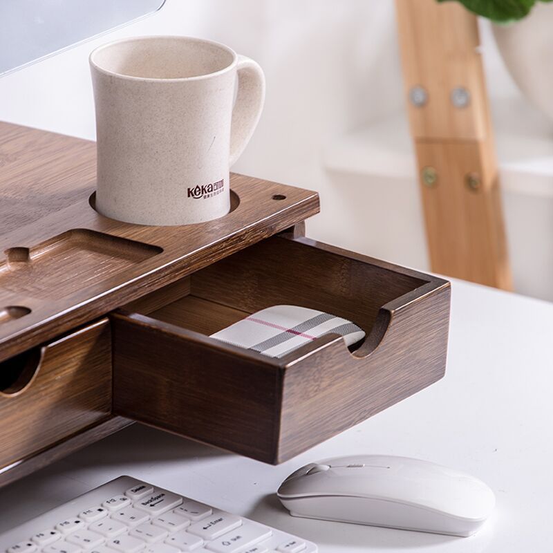 Directo de fábrica del monitor de la computadora soporte de color nogal teclado de escritorio caja de almacenamiento pantalla planteada rack de almacenamiento