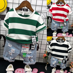 Boys' Summer Short-sleeved T-shirt Set Korean-style Children's Striped Top 78039 Denim Shorts 12117 Two-piece Set