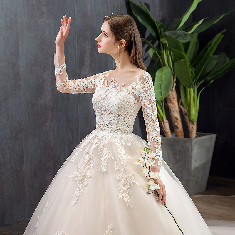Vestido de Novia Principal 2025, Nuevo, de Encaje, Lujoso, de Manga Larga, de Ensueño, Talla Grande, con Cola Larga, Estilo Estudio, Ligero, Modelo TD35