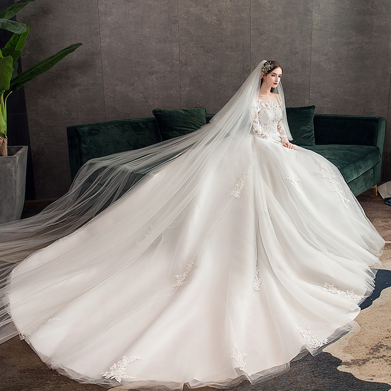 Vestido de Novia Principal 2025, Nuevo, de Encaje, Lujoso, de Manga Larga, de Ensueño, Talla Grande, con Cola Larga, Estilo Estudio, Ligero, Modelo TD35