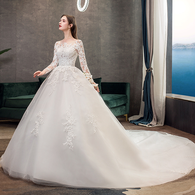 Vestido de Novia Principal 2025, Nuevo, de Encaje, Lujoso, de Manga Larga, de Ensueño, Talla Grande, con Cola Larga, Estilo Estudio, Ligero, Modelo TD35