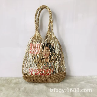 铜钱扣手工编织女包纸绳无内衬单肩包女士手拎包时尚镂空手提包包