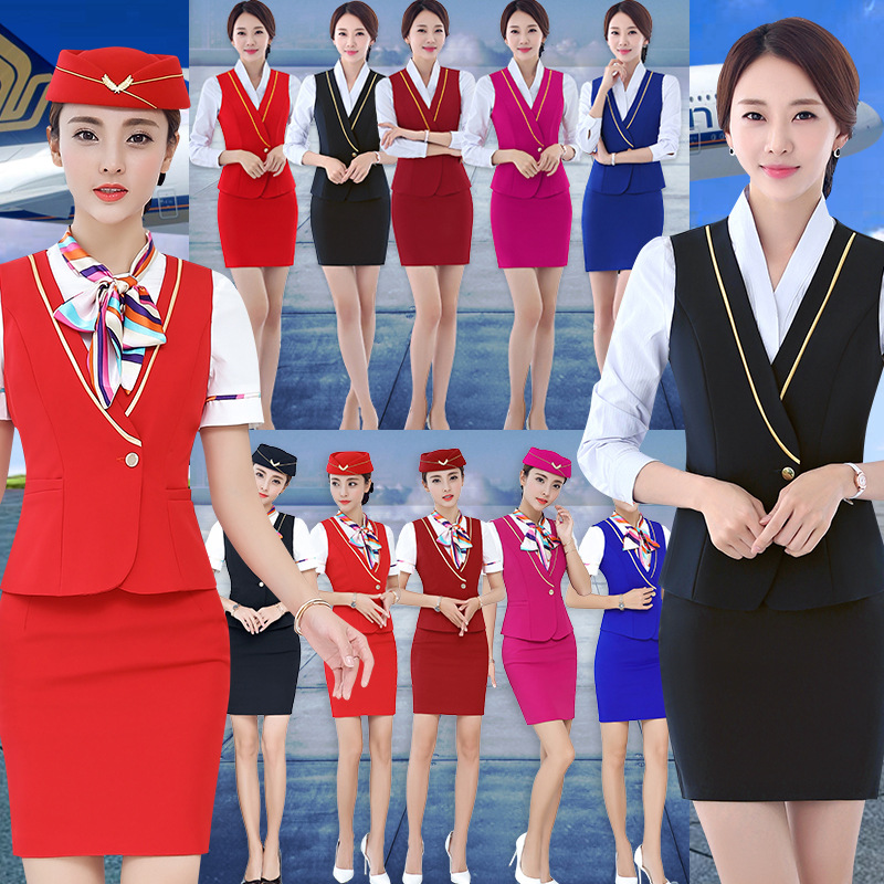 Stewardess Uniform Professional Suit Women's Summer Vest Skirt Jewelry Store Front Desk Work Clothes High-Speed Rail Flight Attendant School Uniform Clothing