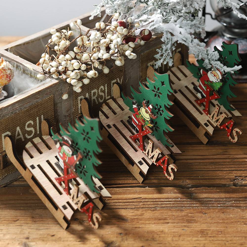 Christmas hot new Christmas decoration wooden DIY sleigh ornaments creative cartoon tree combination ornaments_voghion.com