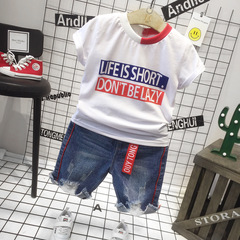 2023夏款新品男童短袖T恤字母印花寶寶上衣兒童半袖牛仔短褲套裝