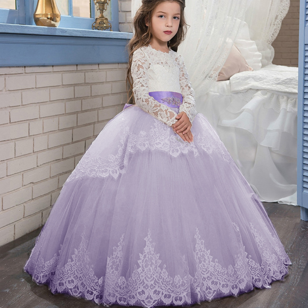 Comercio exterior transfronterizo nuevo encaje doble manga larga invierno bola flor chica pettiskirt vestido de novia entrega de una sola pieza