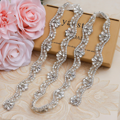 European and American Wedding Accessories Rhinestone Belt for Brides, Hand-Stitched Back Glue Crystal Pearl Belt Decoration