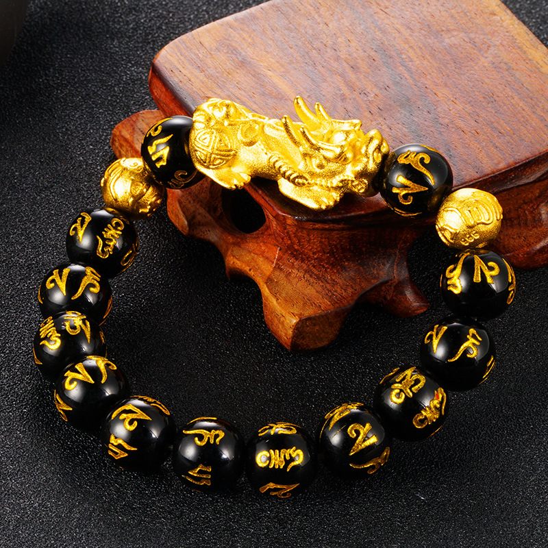 Imitación obsidiana mantra de seis palabras pulsera de pareja de hombres pulsera de oro de arena de Vietnam Internet Celebrity pulsera de cuerda trenzada