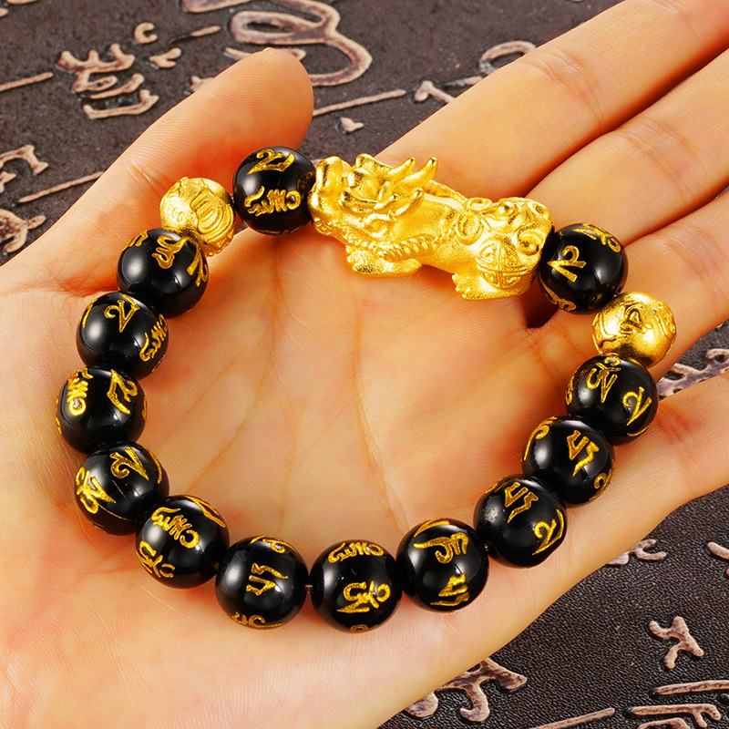 Imitación obsidiana mantra de seis palabras pulsera de pareja de hombres pulsera de oro de arena de Vietnam Internet Celebrity pulsera de cuerda trenzada