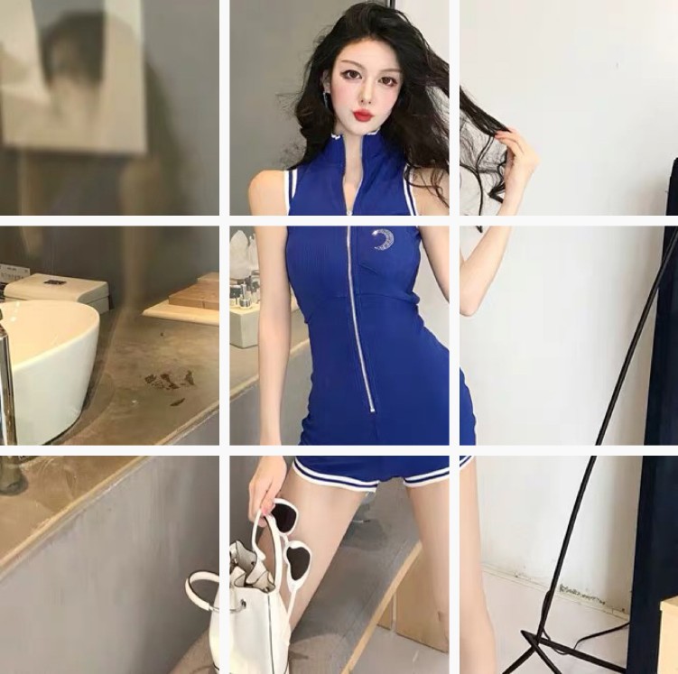 Korean Style Chic Style Sports Slim-fit Thin Knitted Women's Summer High Waist Casual Jumpsuit K152 Blue Jumpsuit