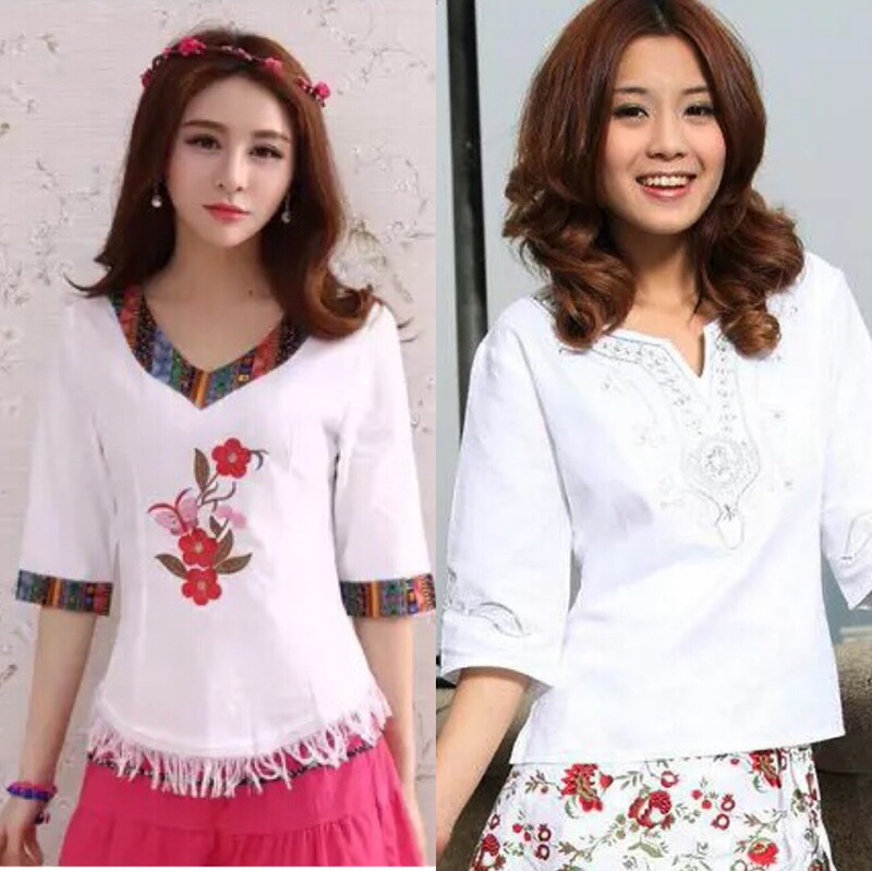 Real Shot of 2024 Summer and Autum New Colorful Ethnic Style Basket Lace Embroider Slim T-Shirt Ethnic Style Women's Top